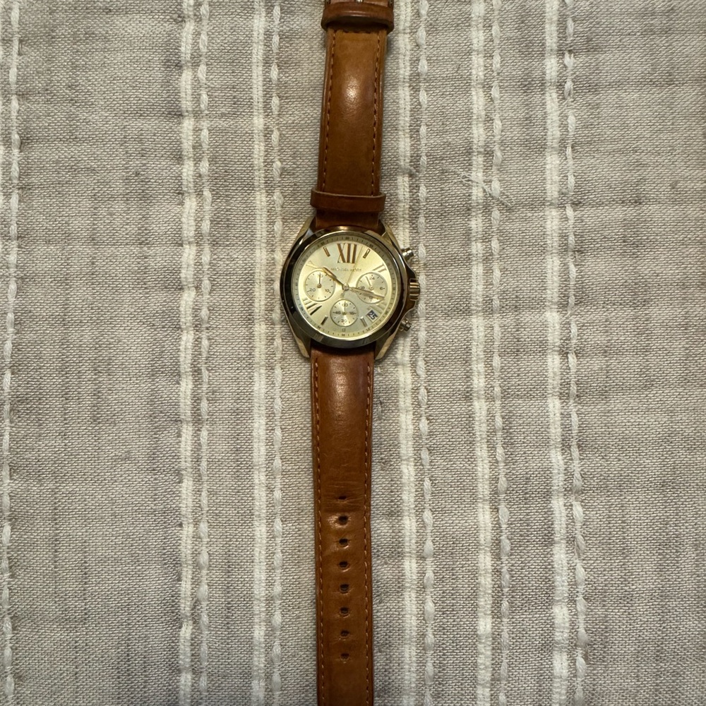 Michael Kors Brown Leather Strap Watch with Gold Dial